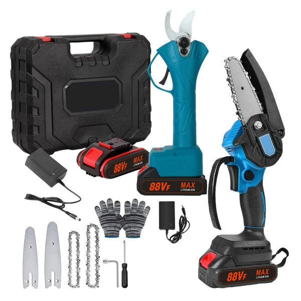 21V 4/6 Zoll Elektro-Kettensäge und 25mm Akku Astschere Cordless Gartenschere Set Akku-Kettensäge Mini-Kettensäge Elektro Astschere